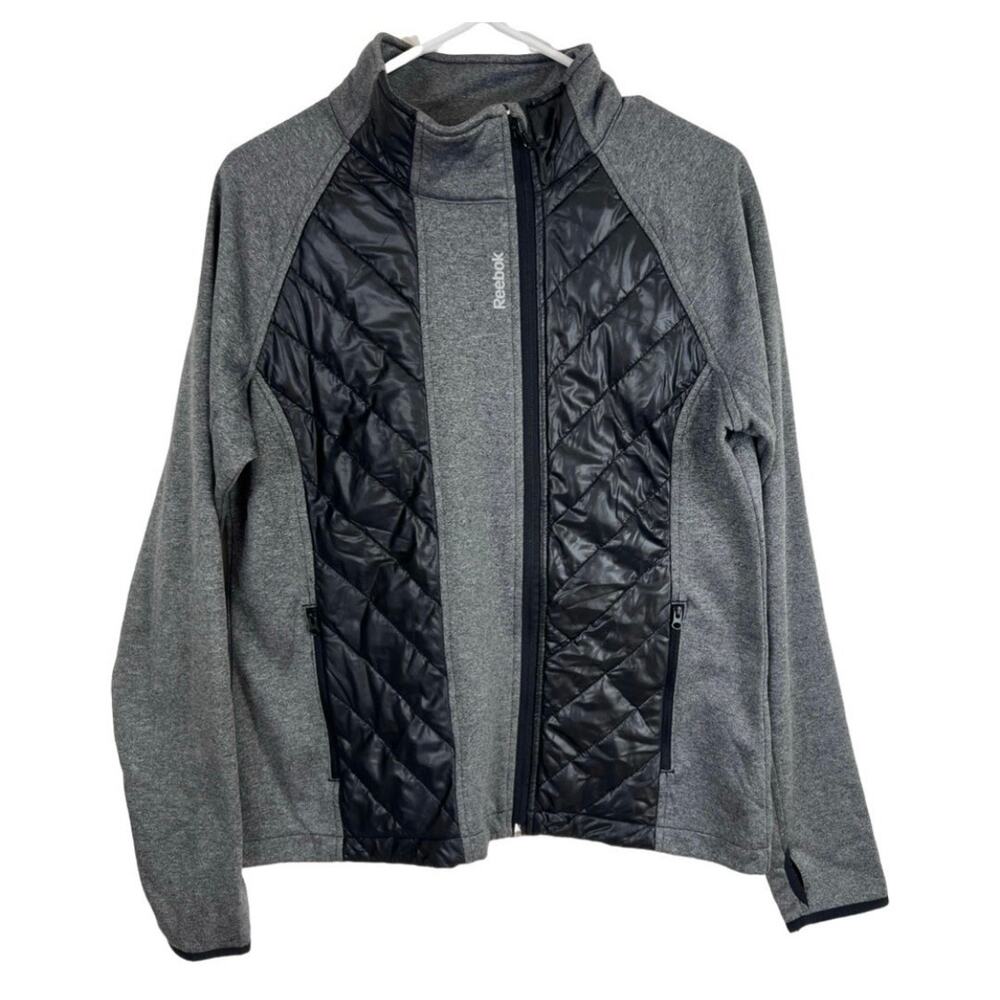 Reebok Women’s Lightweight Zip Black Grey Quilted Thumbhole Jacket size Large